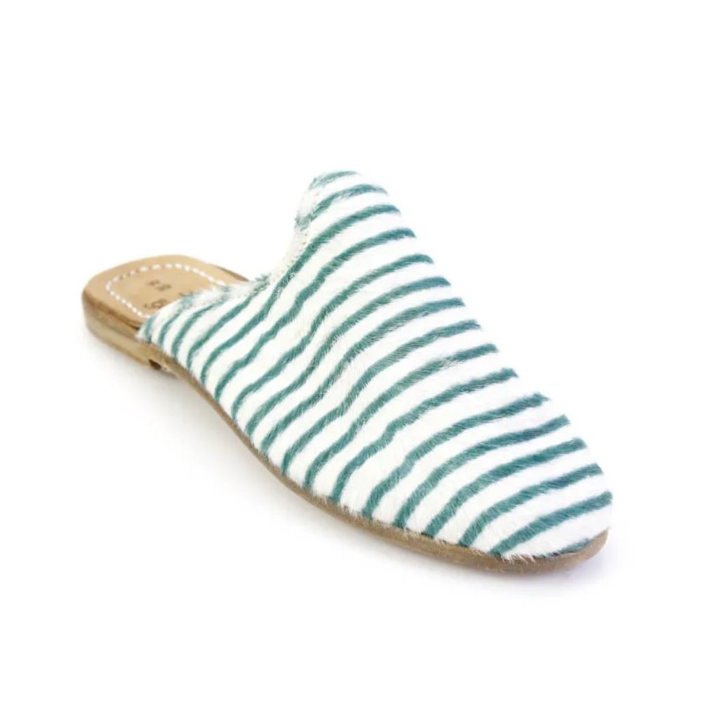 Sabah Womens Horsehair Striped Open Back Round Toe Mules Flats Green Size 39